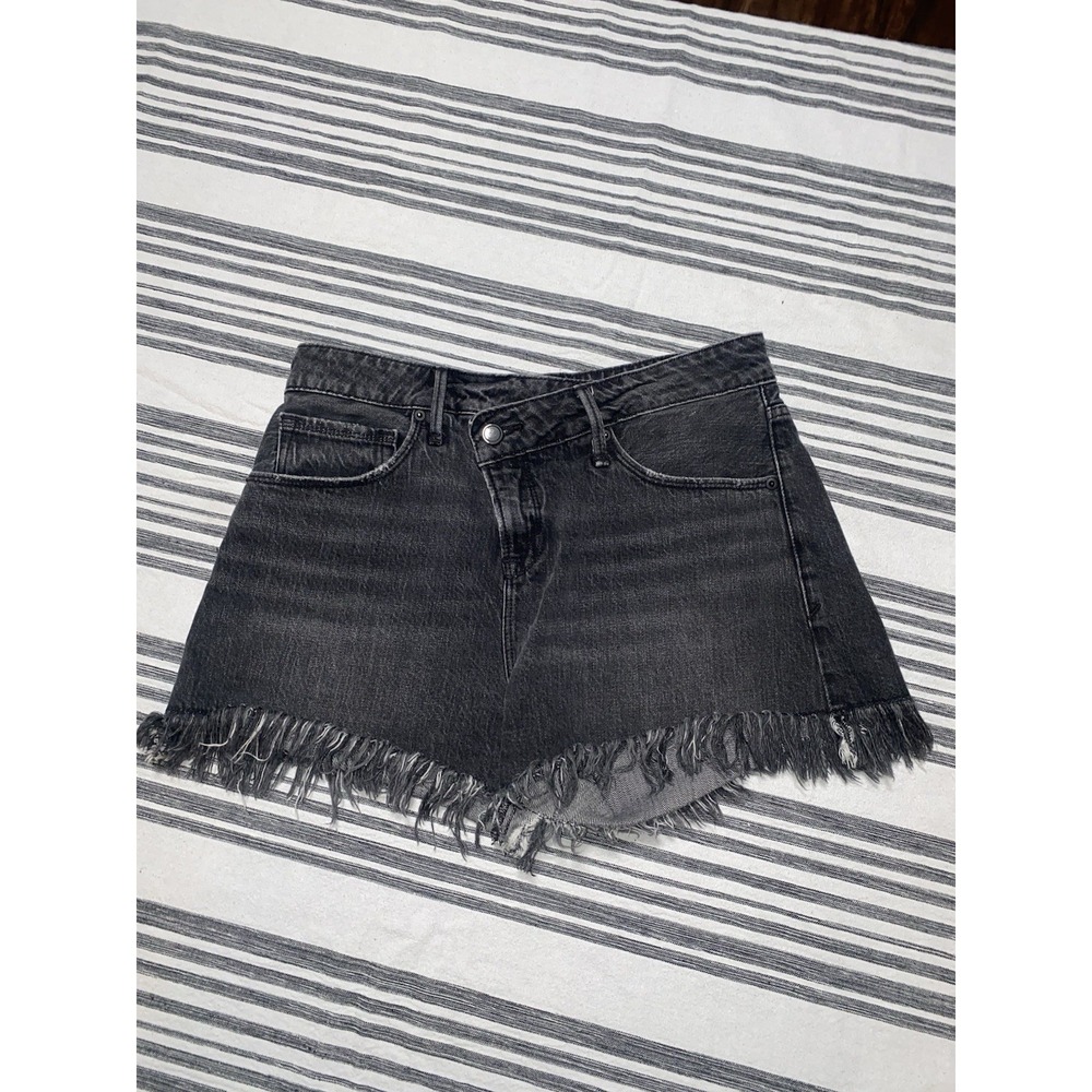 Good American Black Washed Asymmetrical Fringe Shorts Size 2